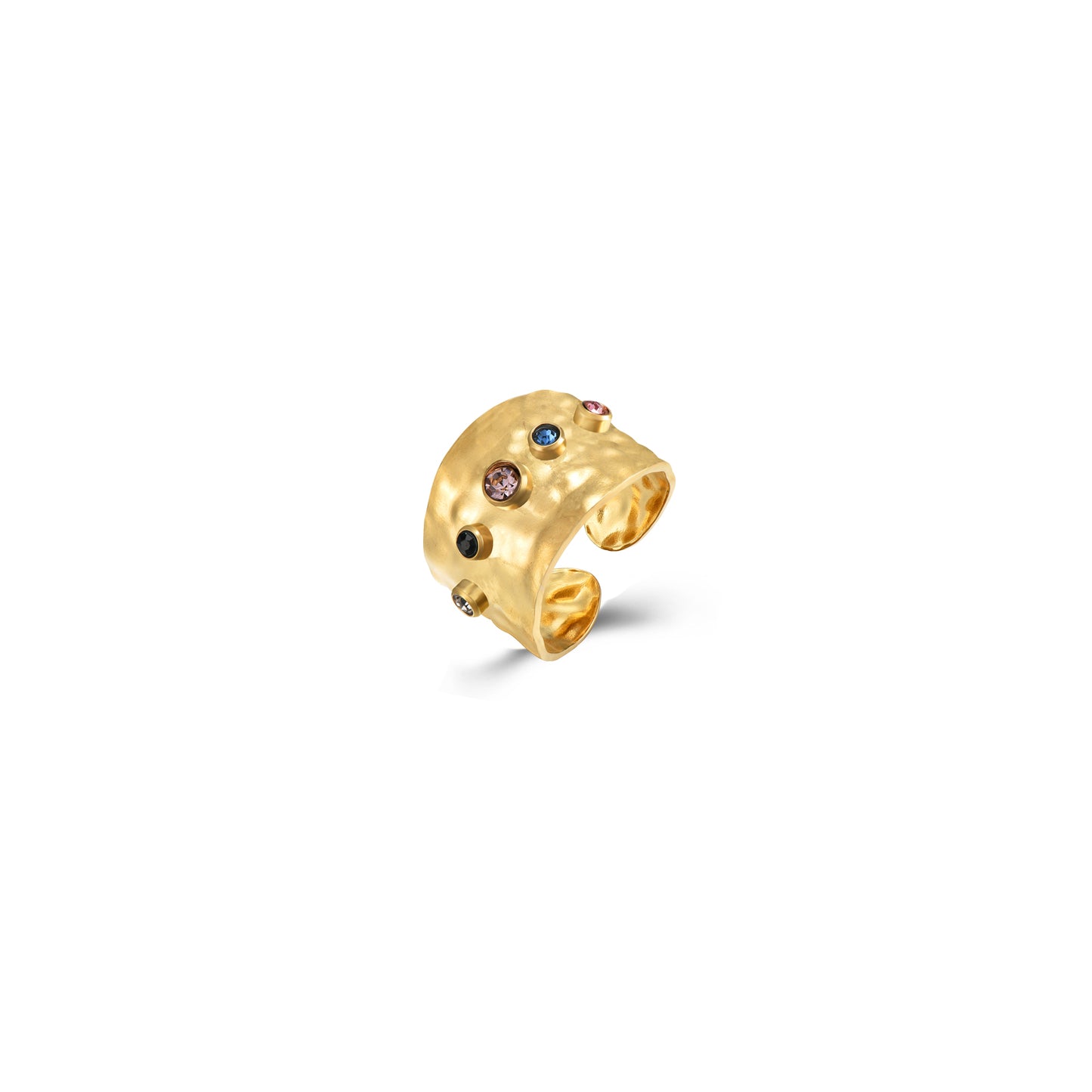 OPEN STEEL RING - HAMMERED - ZIRCON MULTI - GOLD PLATED