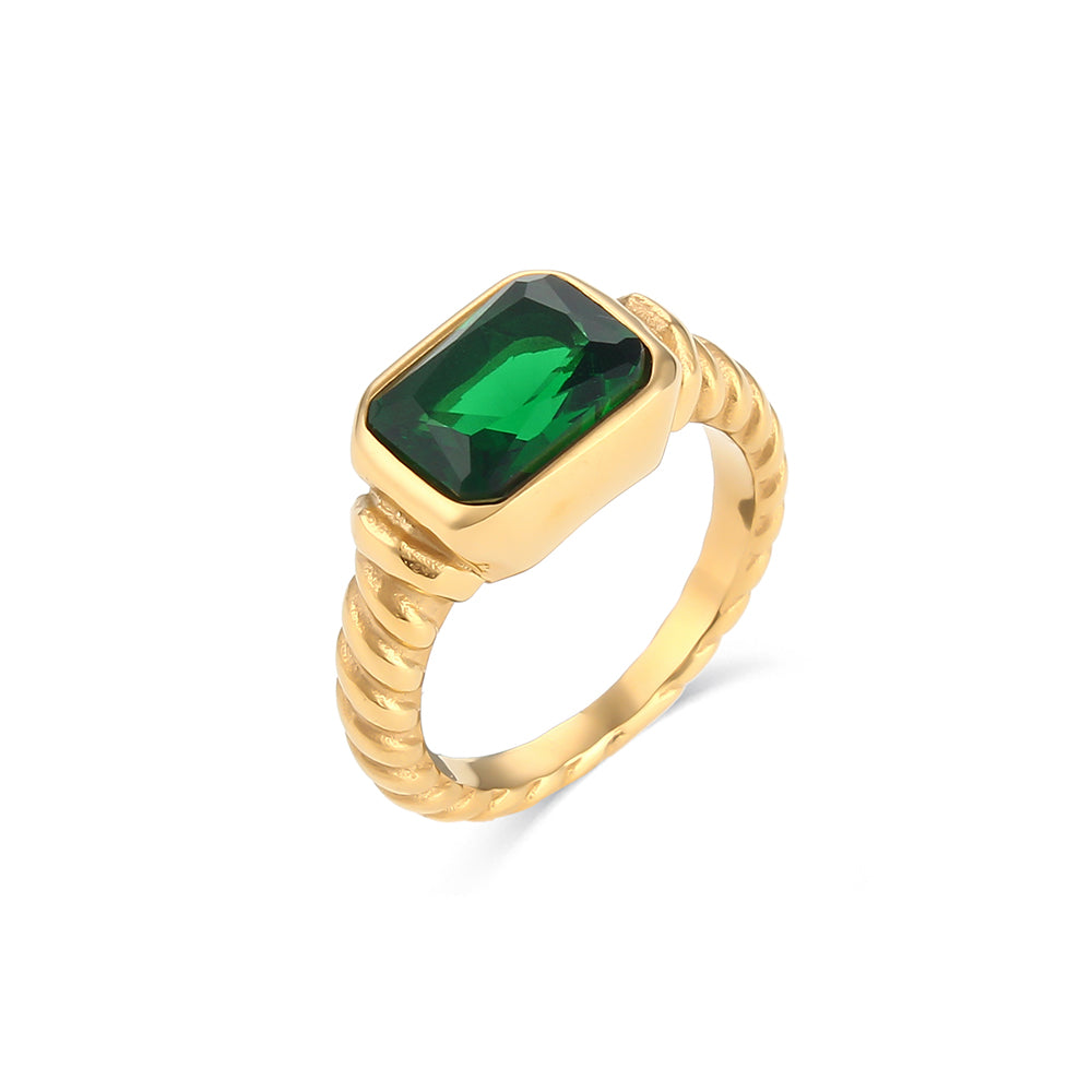 Twisted Steel Ring – Green Zirconia, Gold Plated 18k