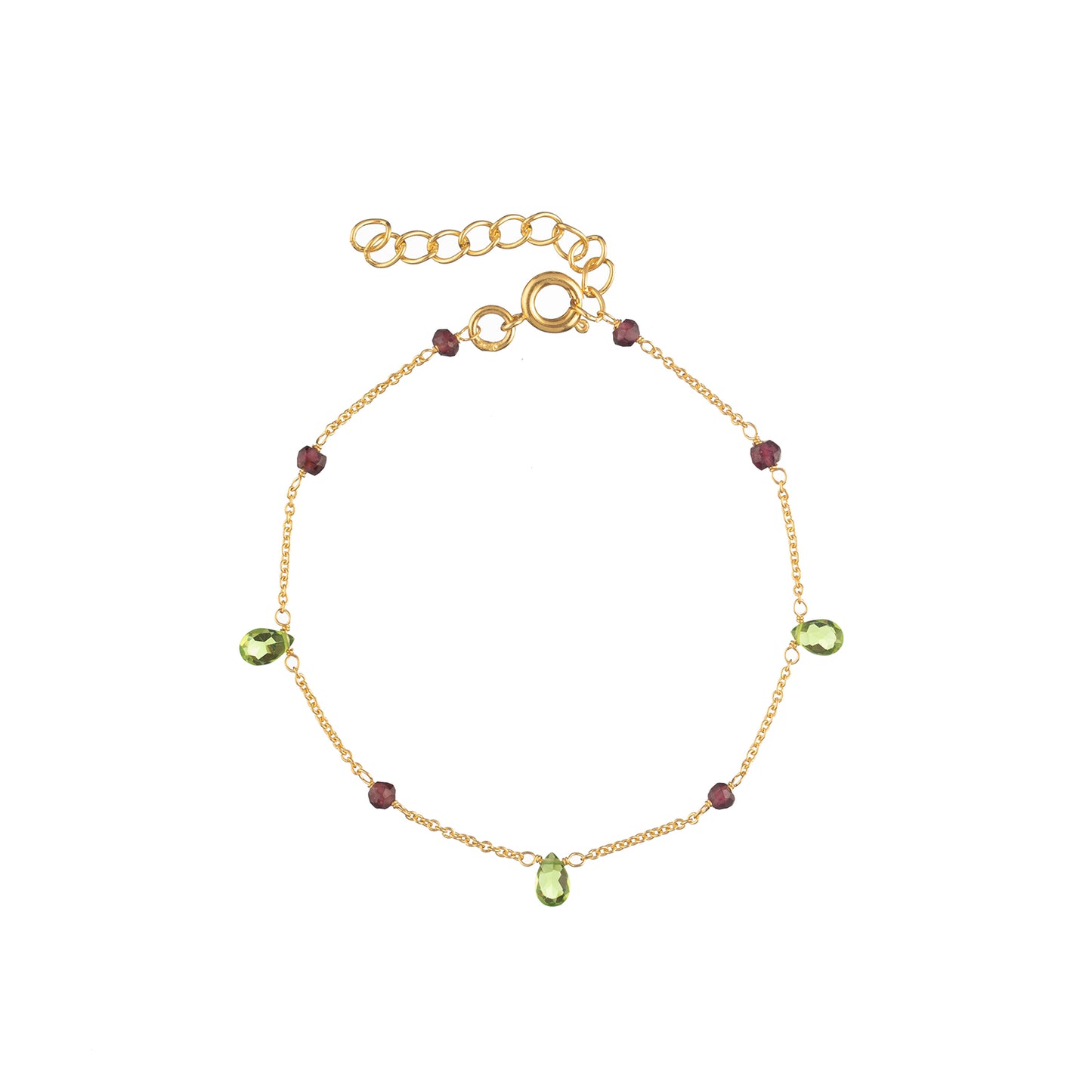 Garnet & Peridot Mineral Bracelet – 18k Gold Plated on Bronze