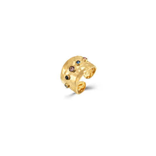 OPEN STEEL RING - HAMMERED - ZIRCON MULTI - GOLD PLATED