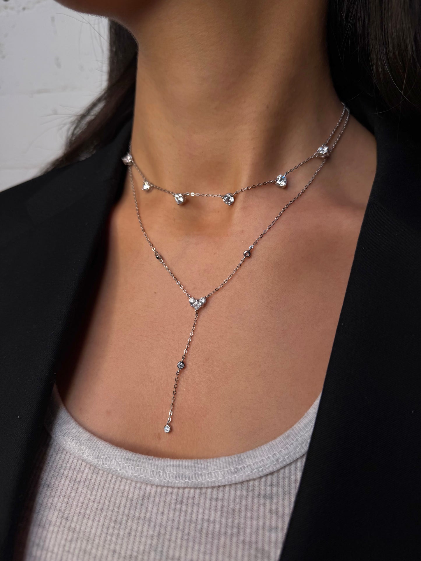 Long silver necklace with studs